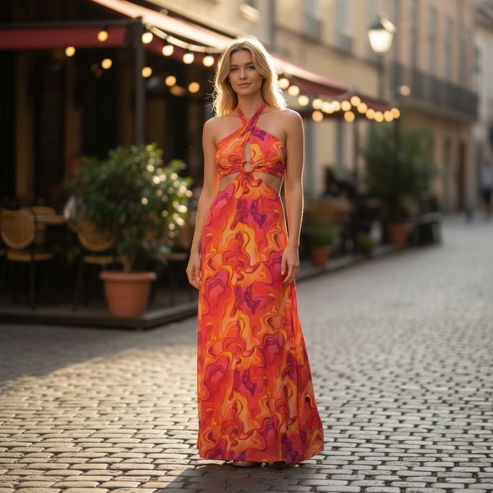 Haute Monde Maxi Dress Women's L Red Psychedelic Swirl Halter O-Ring Cutout